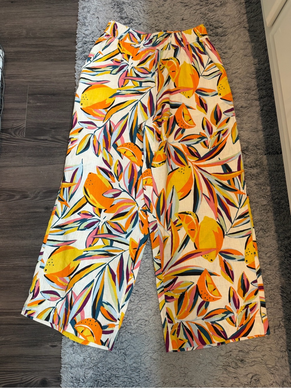C&C California Linen Wide-Leg Pants - Cream with Yellow, Orange & Purple Accents